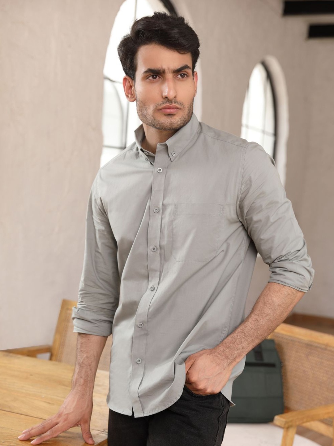 

PERCH Men India Slim Button-Down Collar Solid Cotton Casual Shirt, Green