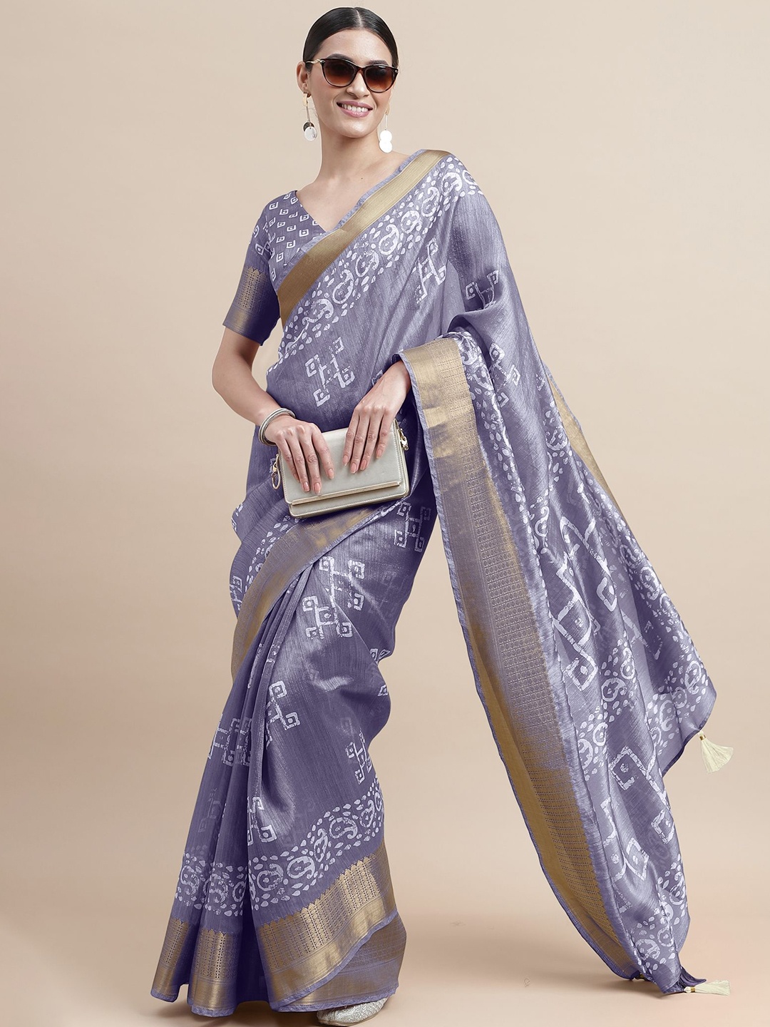 

KALINI Batik Zari Block Print Saree, Purple