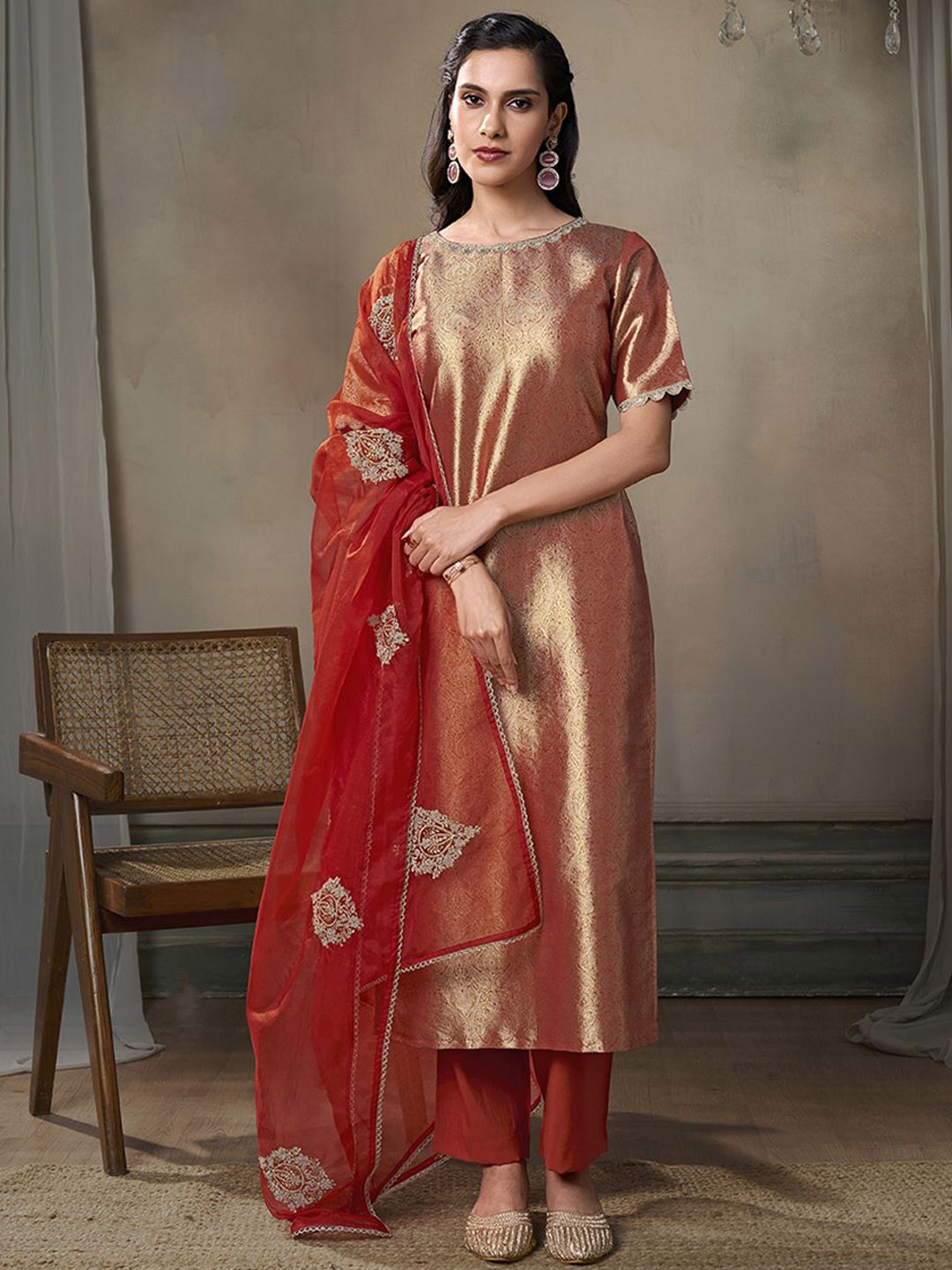 

Inddus Women Ethnic Motifs Regular Kurta with Trousers & With Dupatta, Orange