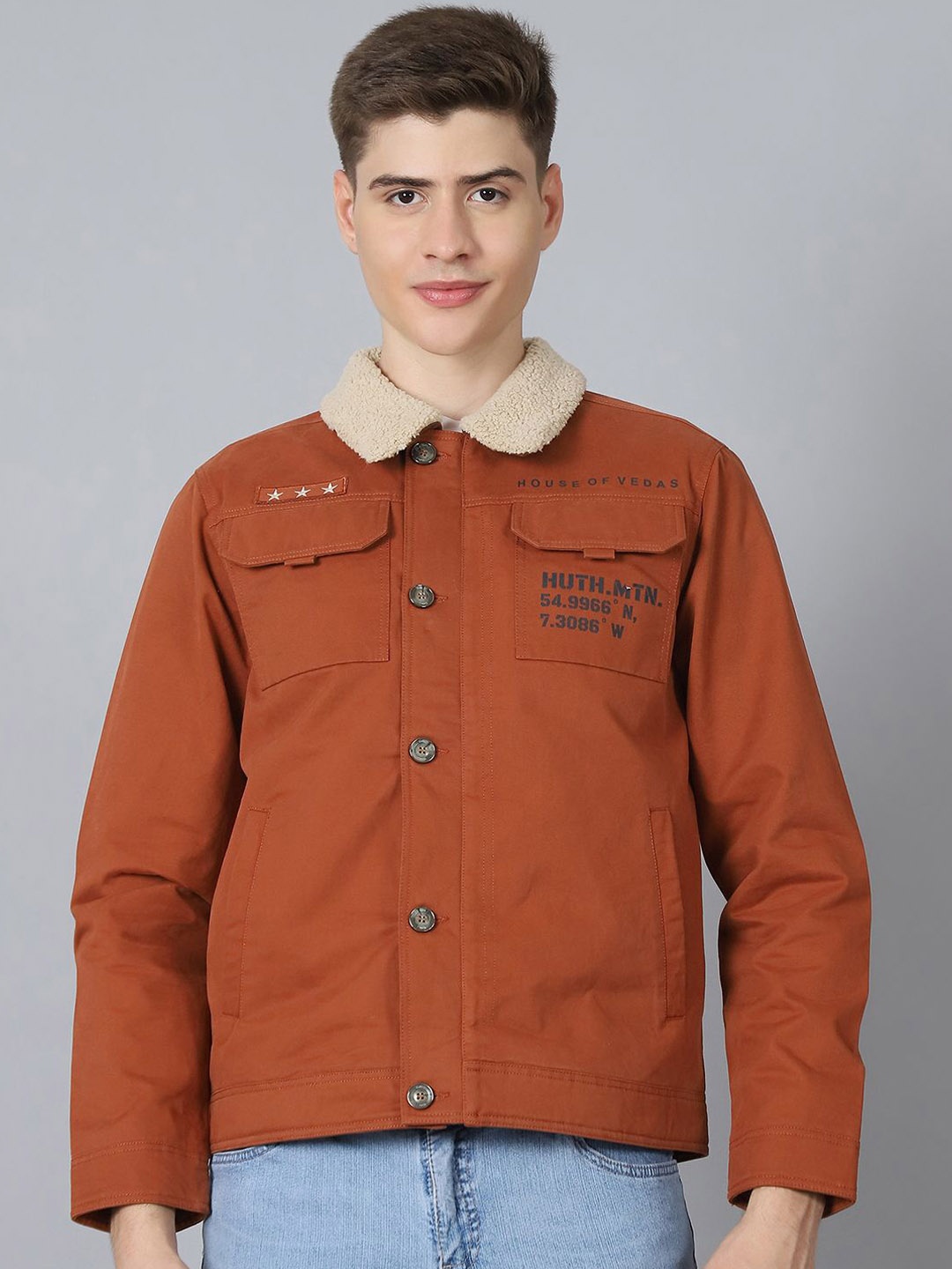 

HOUSE OF VEDAS Men Lightweight Biker Jacket, Rust