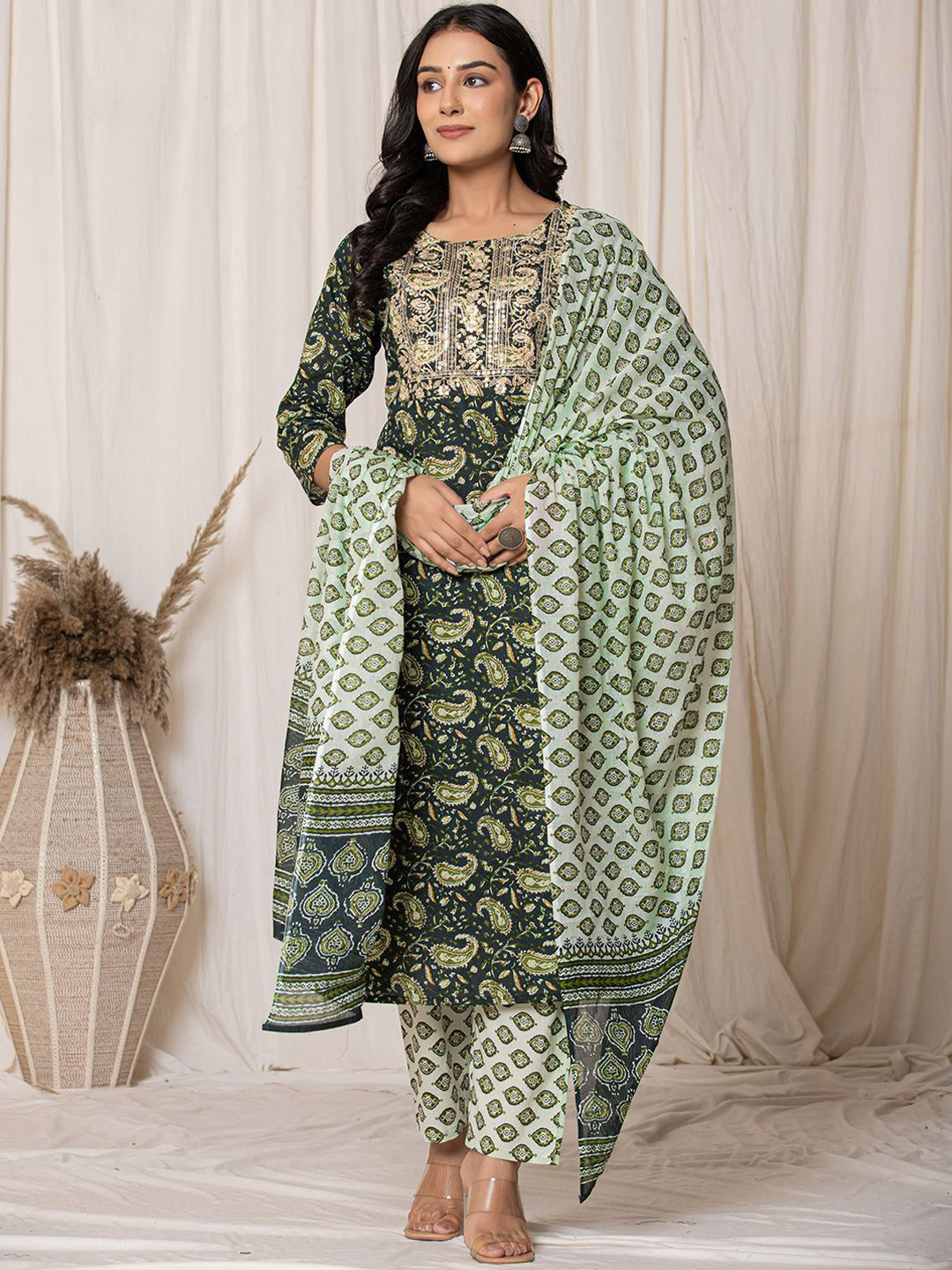 

Yufta Paisley Printed Sequinned Pure Cotton Straight Kurta with Trousers & Dupatta, Green