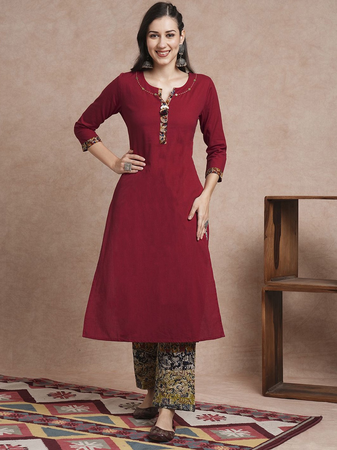 

FASHOR Notched Neck Pure Cotton Straight Kurta With Trousers, Maroon
