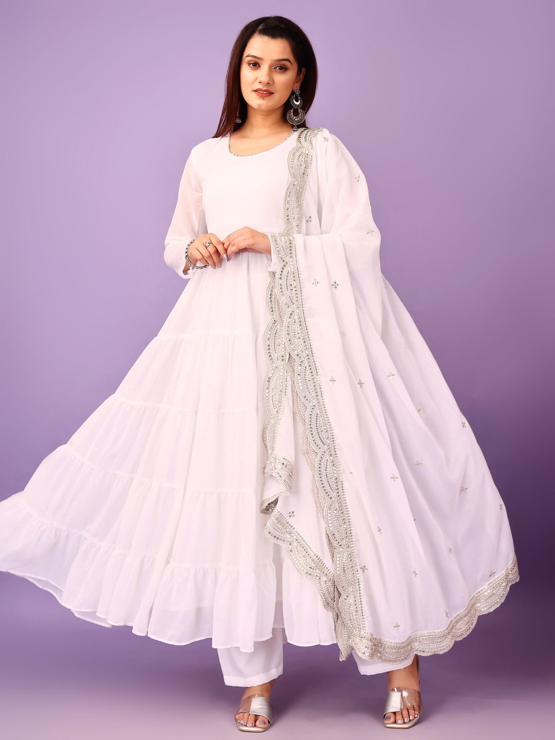 

KALINI Round Neck Tiered Gotta Patti Anarakli Kurta With Trousers & Dupatta, White