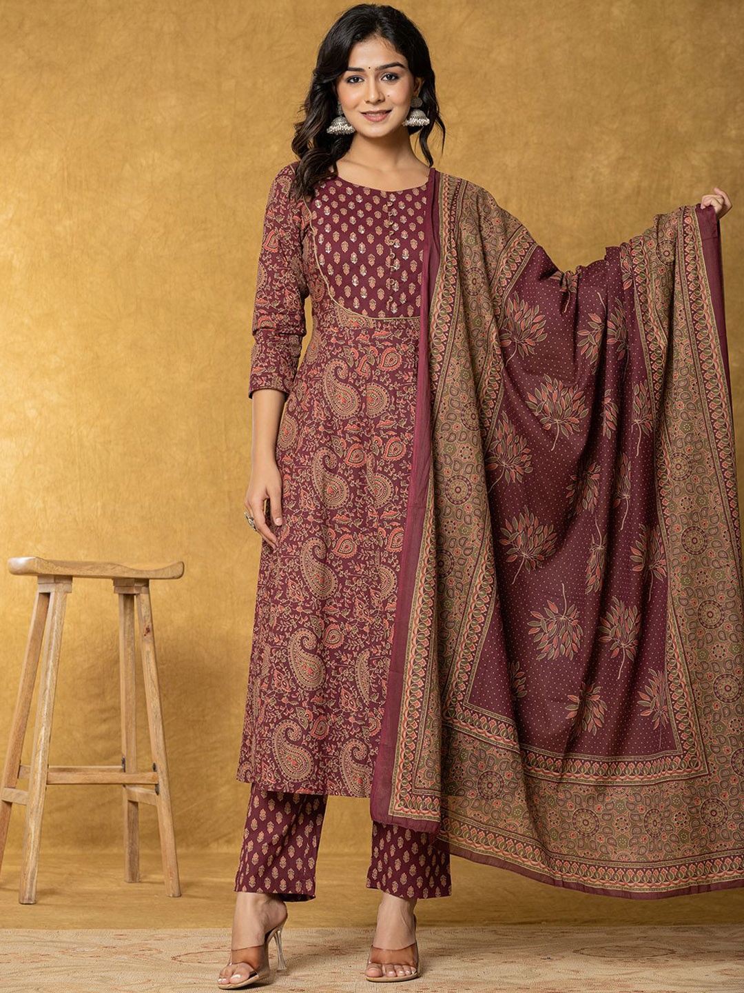 

Yufta Paisley Printed Sequinned Pure Cotton Anarkali Kurta with Trousers & Dupatta, Burgundy