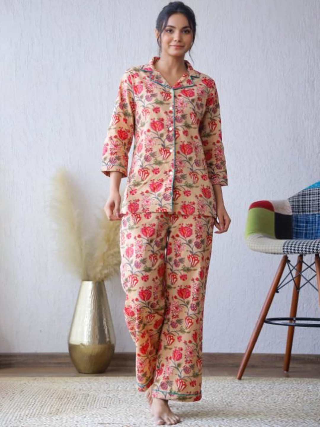 

FLAVIA CREATION Floral Printed Lapelled Collar Pure Cotton Shirt & Trouser, Beige
