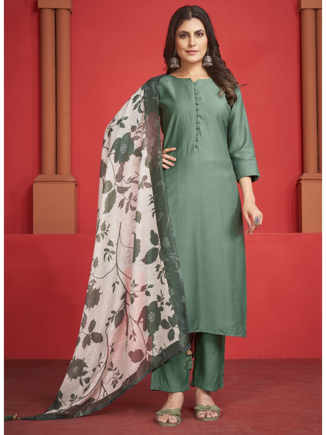 

STYLE SAMSARA Mandarin Collar Art Silk Regular Straight Kurta with Trousers & Dupatta, Olive