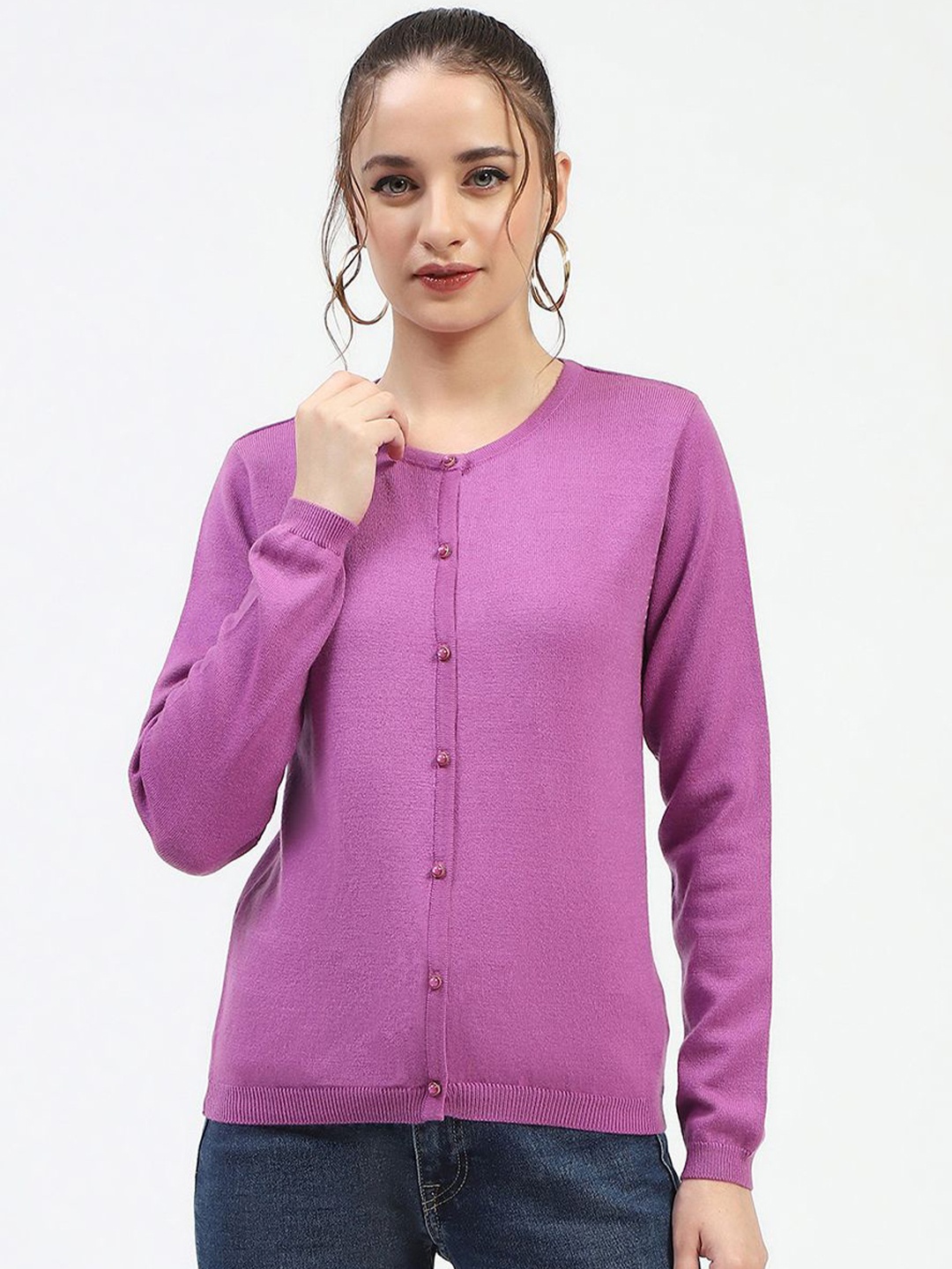 

Madame Women Round Neck Cardigan Sweater, Mauve