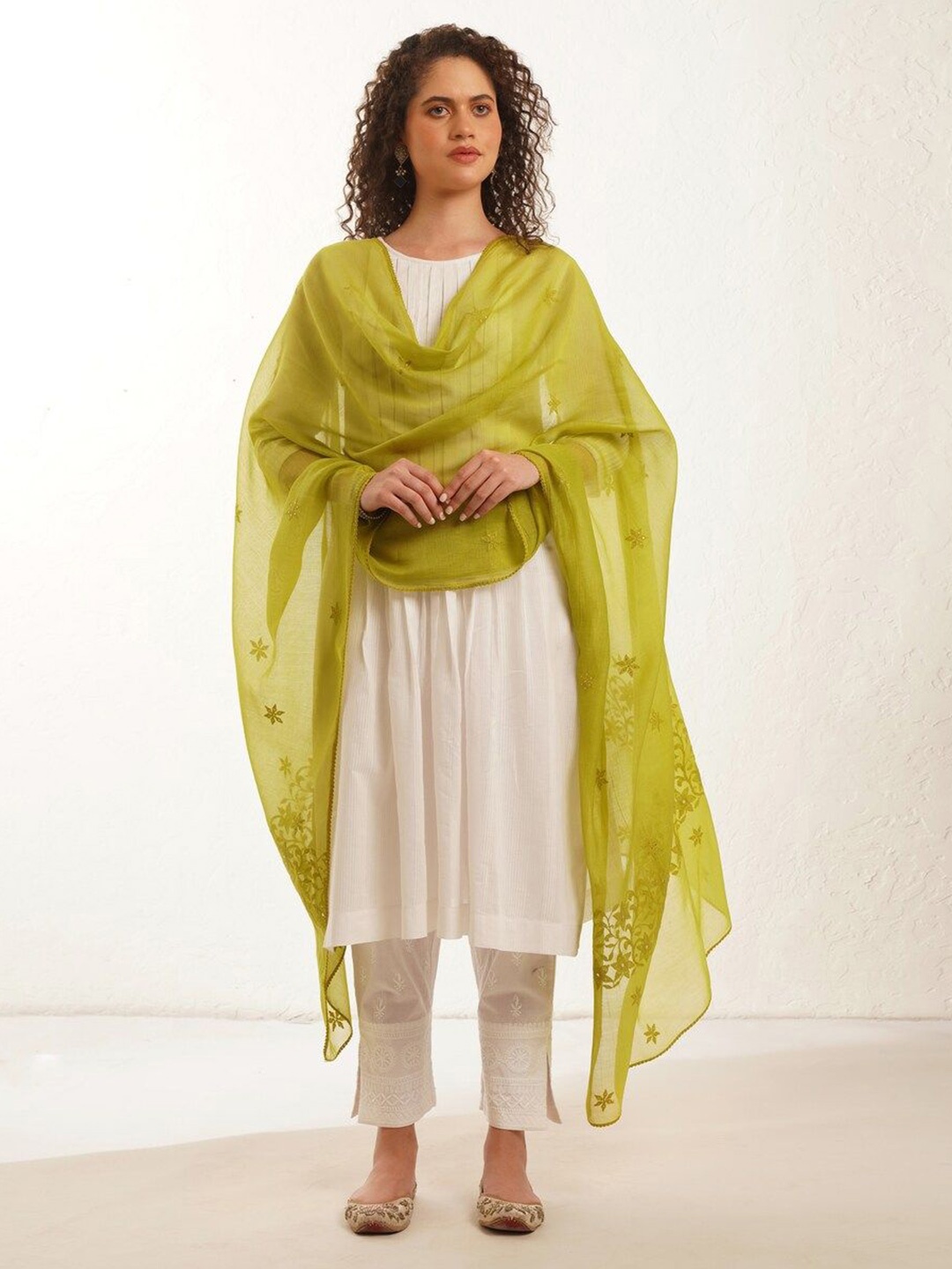 

JAYPORE Embroidered Cotton Silk Dupatta, Green
