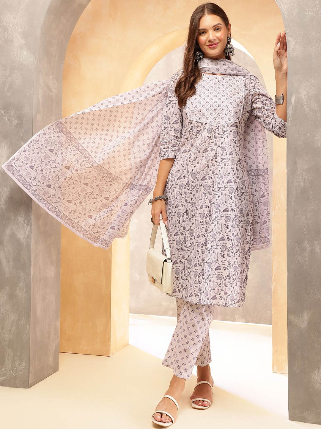 

Anouk Women Ethnic Motifs Printed Regular Beads and Stones Pure Cotton Kurta with Trousers & With Dupatta, Off white