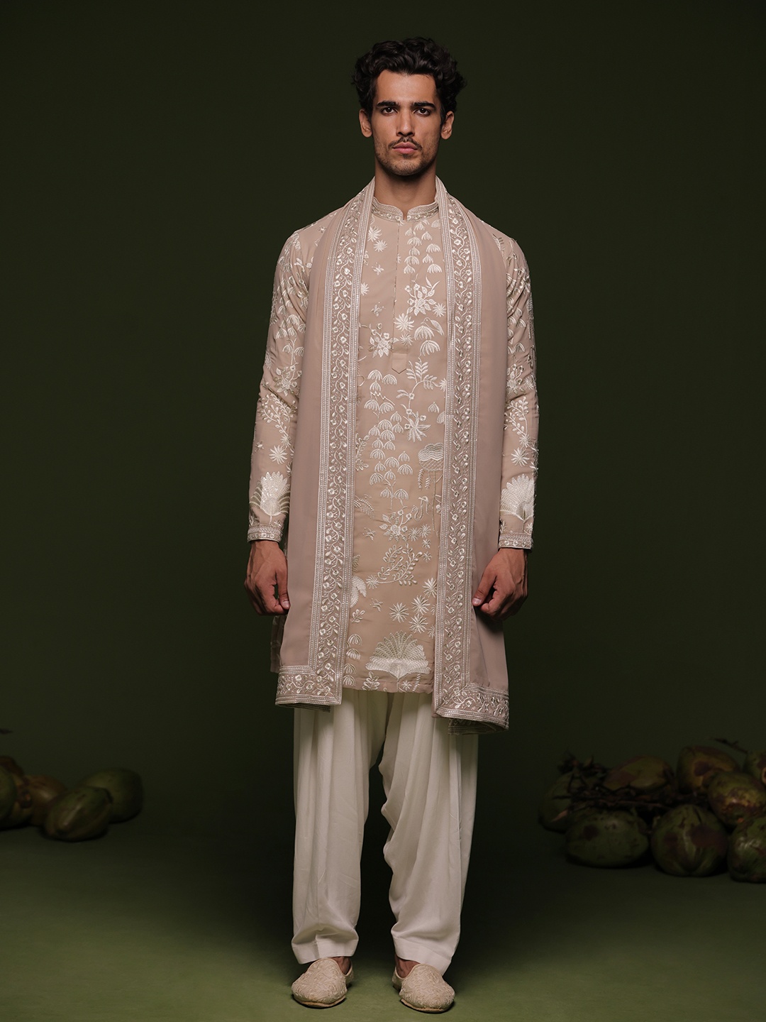 

KALPRAAG Ethnic Motifs Embroidered Mandarin Collar Straight Kurta with Patiala & Dupatta, Beige