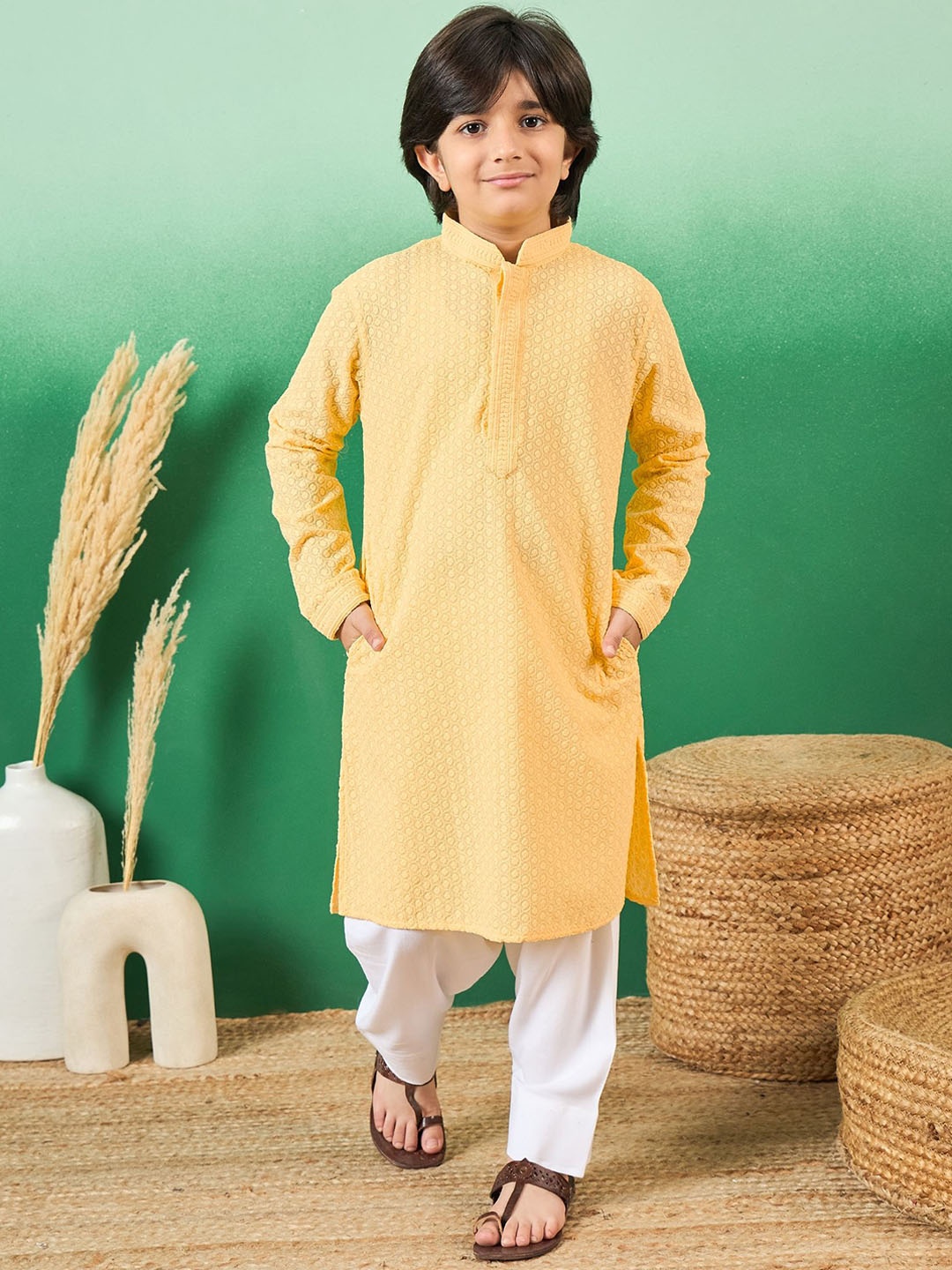 

Sangria Boys Chikankari Embroidered Cotton Kurtas, Yellow