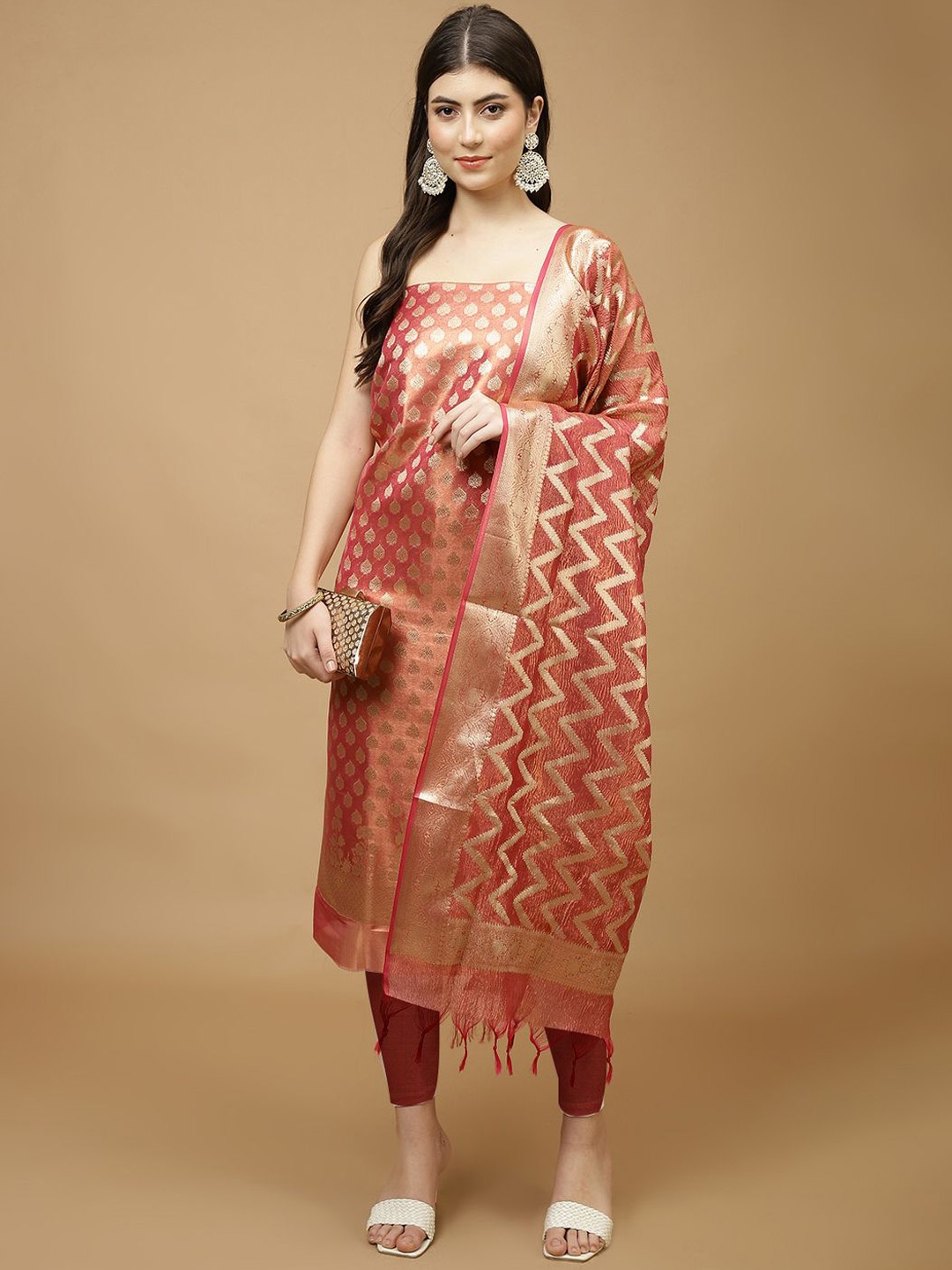 

Meena Bazaar Art Silk Unstitched Dress Material, Rust