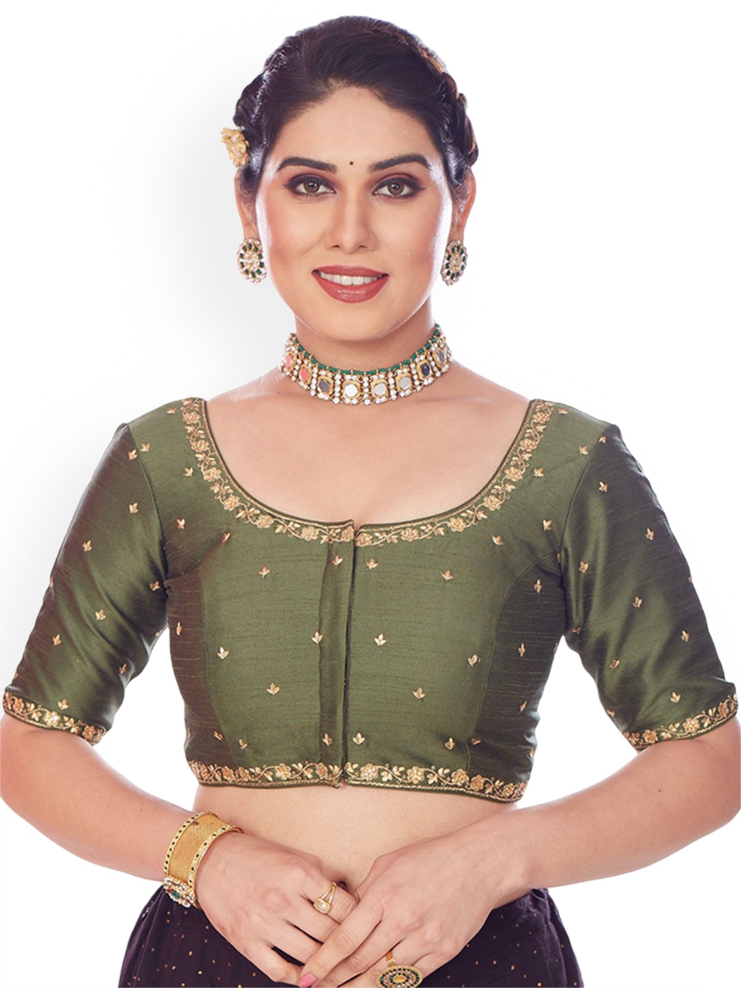 

Mmore Embroidered Round Neck Saree Blouse, Green