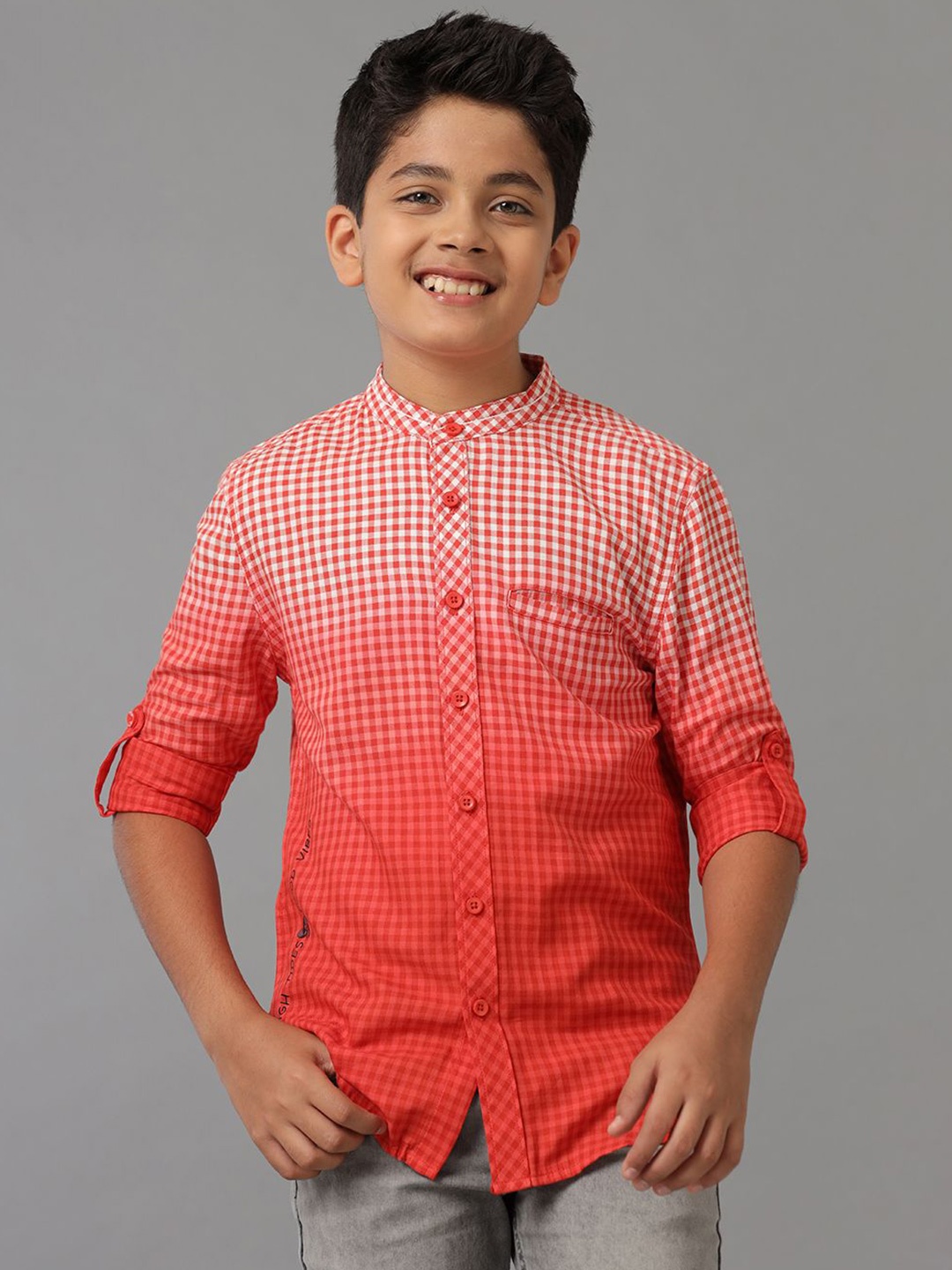 

UNDER FOURTEEN ONLY Boys Band Collar Micro Checked Cotton Casual Shirt, Orange