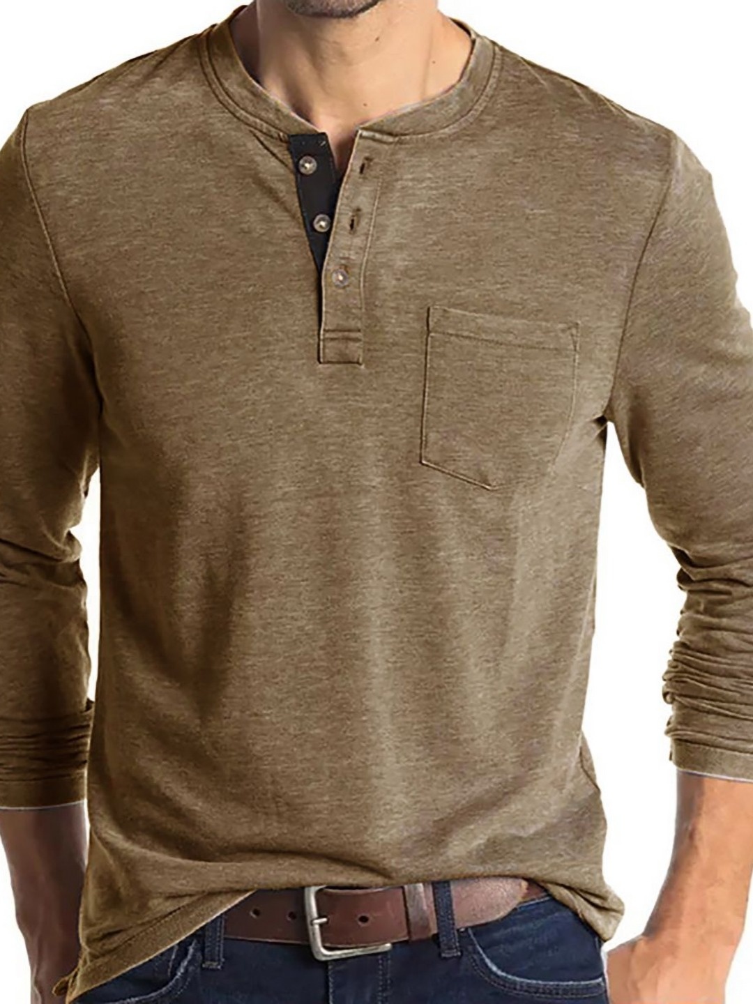 

StyleCast x Revolte Men Solid Henley Neck Cotton T-shirt, Khaki