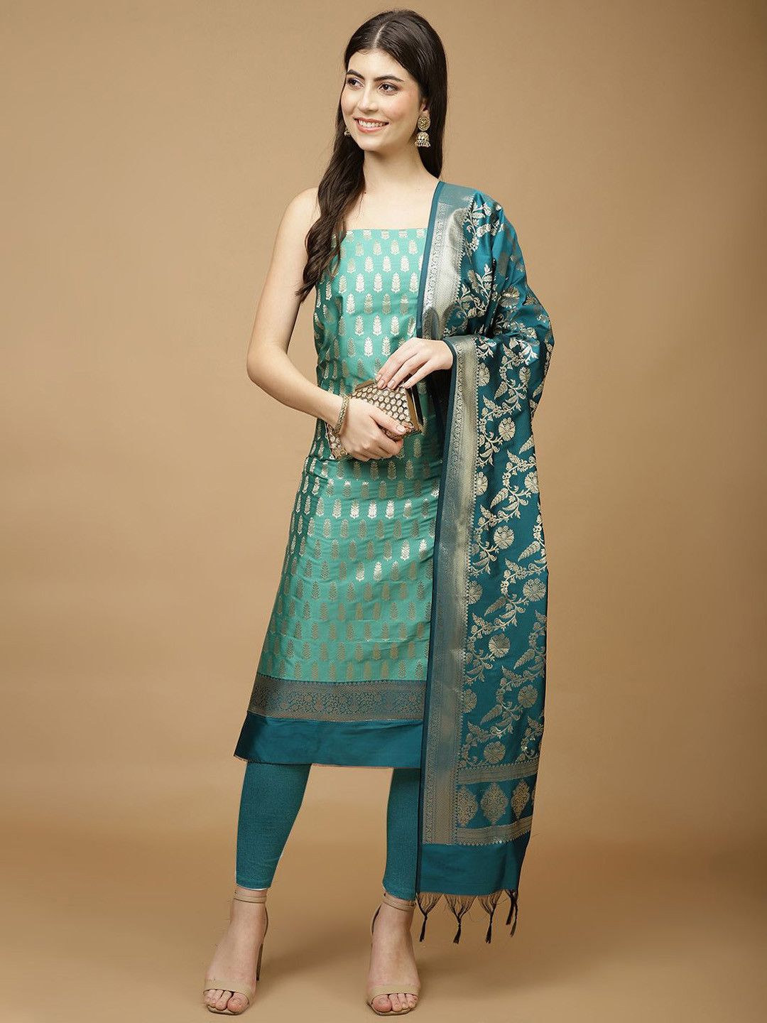 

Meena Bazaar Art Silk Unstitched Dress Material, Green