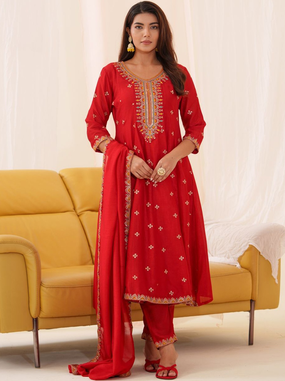 

House of Pataudi Floral Embroidered Anarkali Kurta With Trousers & Dupatta, Red