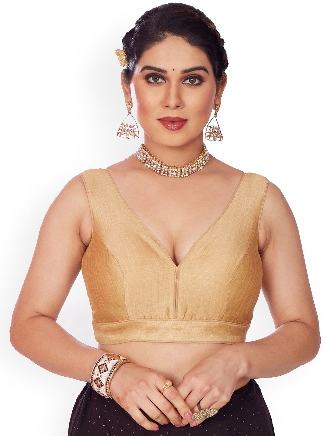 

Mmore V-Neck Padded Saree Blouse, Beige