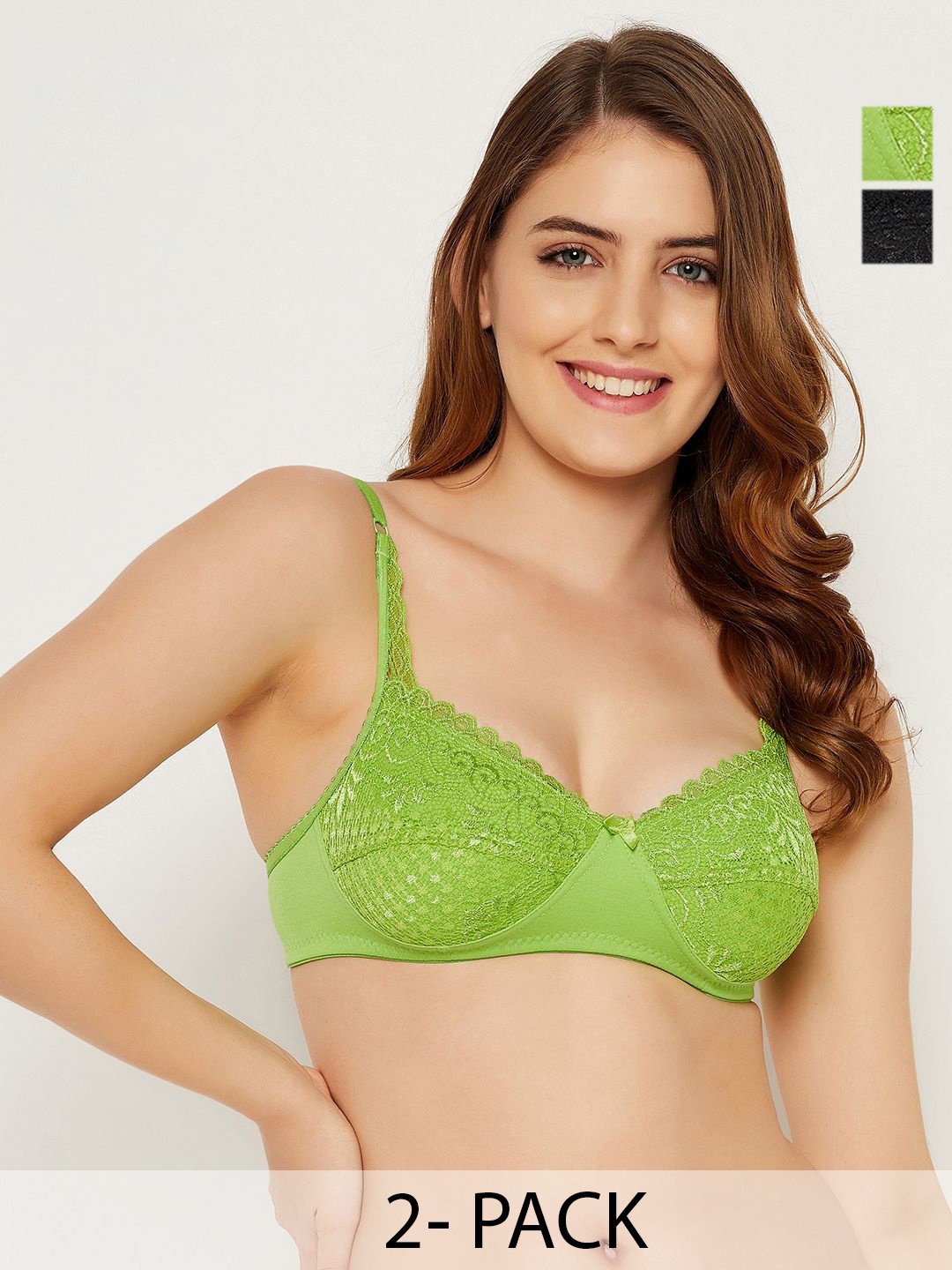 

Clovia Pack of 2 Self Design Full Coverage Bra, Lime green