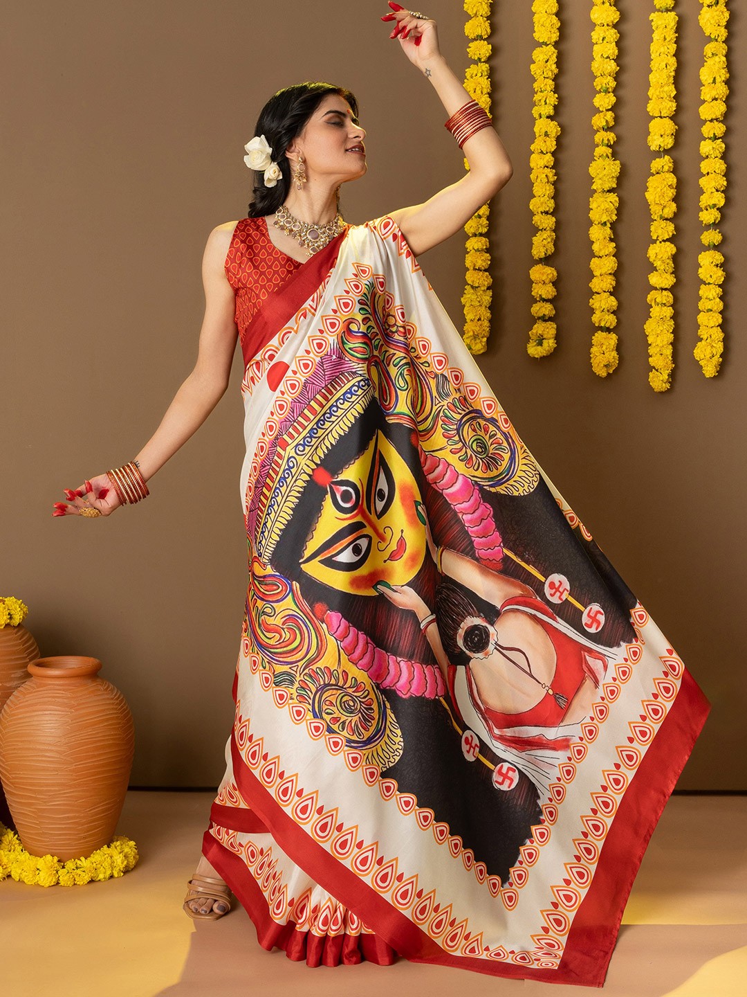 

RACHNA Ethnic Motifs Printed Tussar Saree, Off white