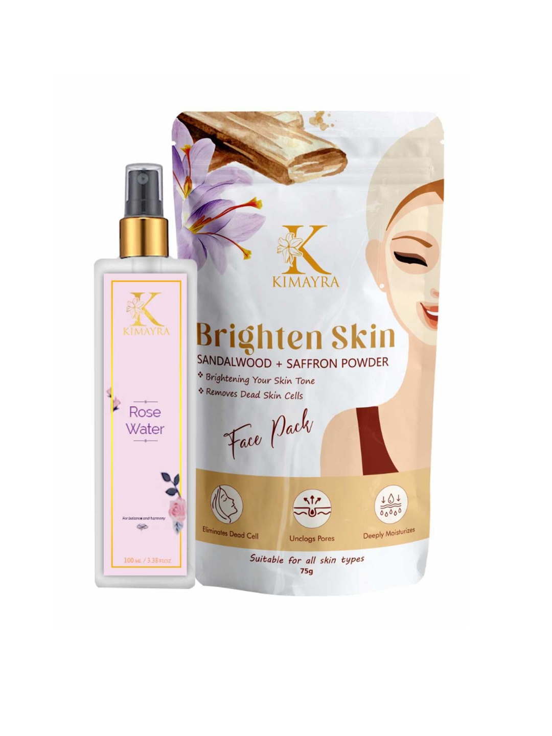 

Kimayra World Set Of 2 Sandalwood Saffron Face Pack -75g & Rose Water Spray -100ml, White