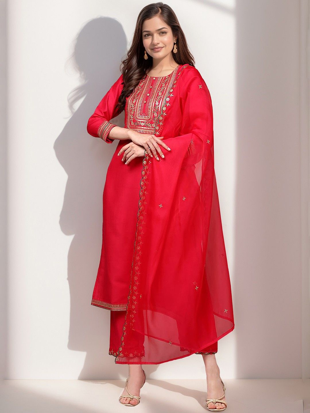 

KALINI Women Ethnic Motifs Embroidered Regular Sequinned Kurta with Trousers & With Dupatta, Pink