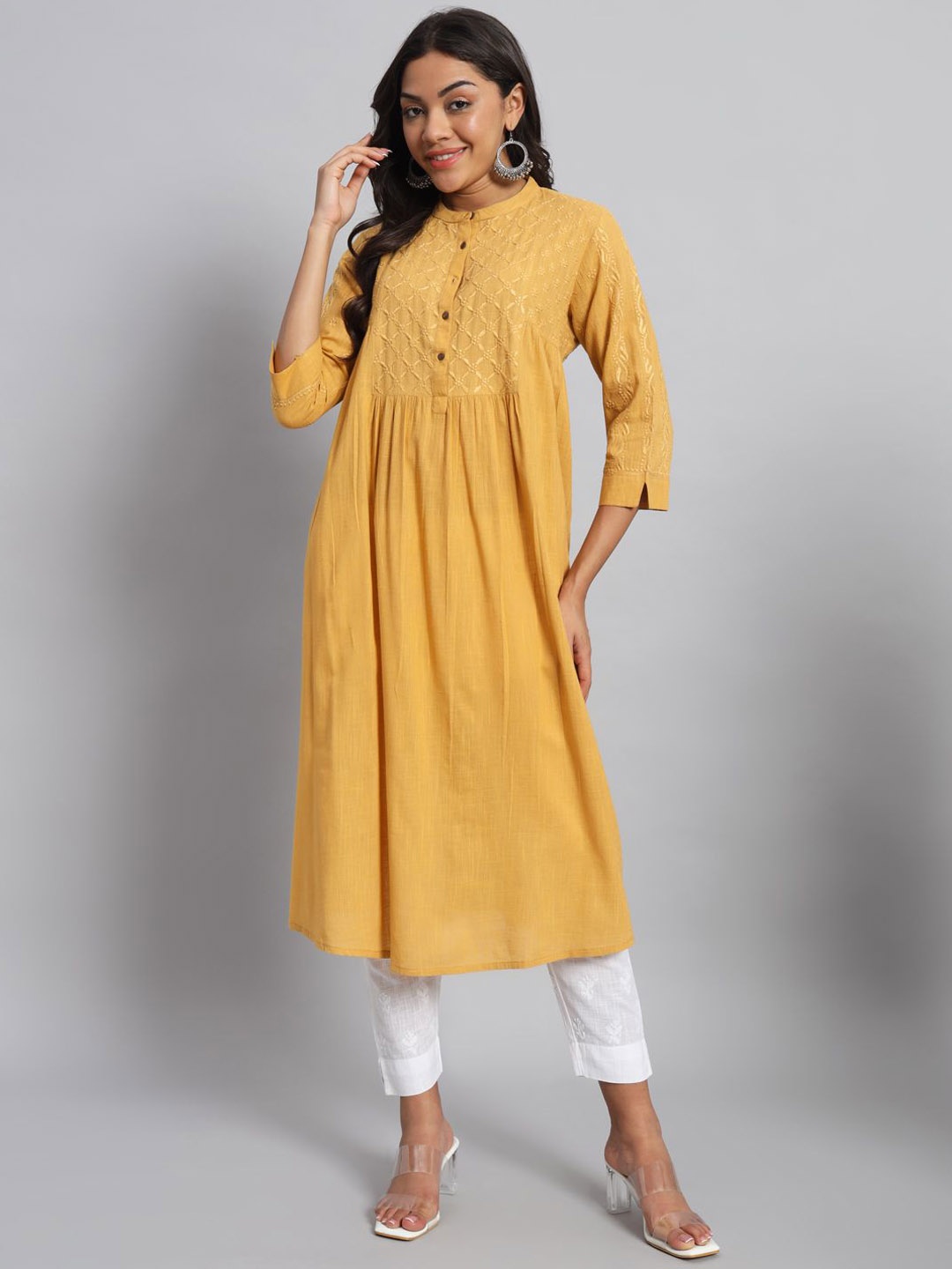 

akheri Women Geometric Embroidered Flared Sleeves Chikankari Handloom Kurta, Mustard