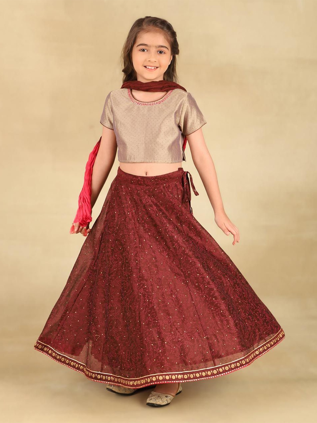 

Fabindia Girls Embellished Cotton Silk Ready to Wear Lehenga & Blouse With Dupatta, Brown