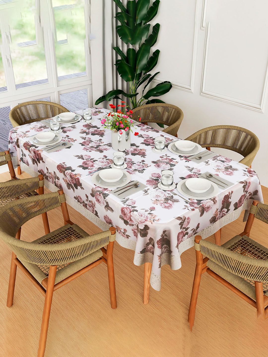 

Kuber Industries Brown Floral Waterproof 6-Seater Table Cover