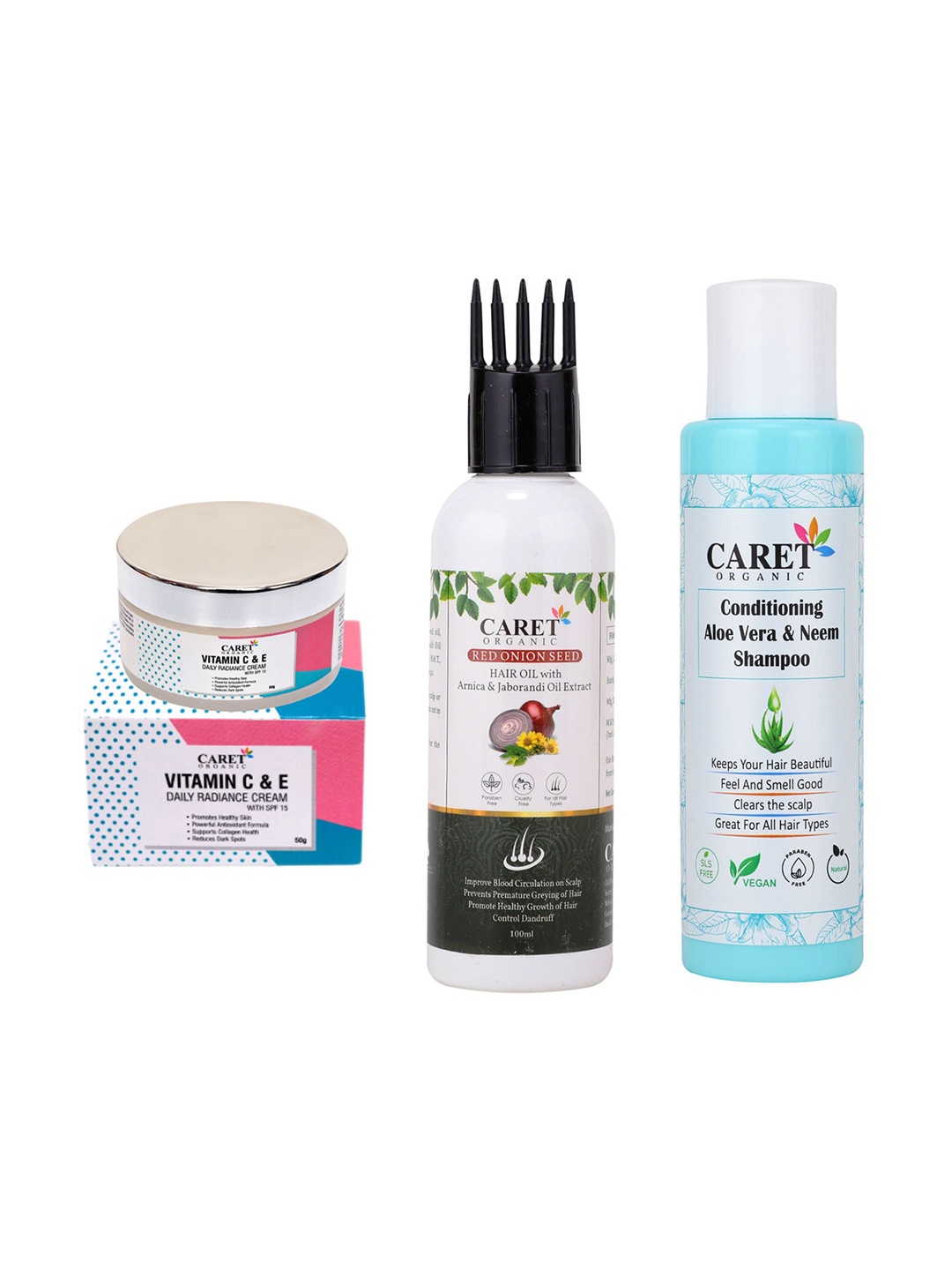 

CARET ORGANIC Set Of 3 Vitamin C & E Cream Onion Hair Oil Aloevera Shampoo, White