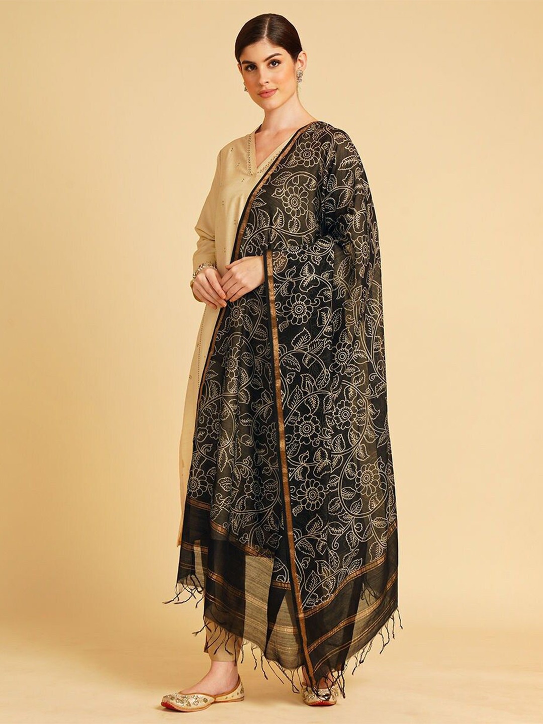 

JAYPORE Printed Cotton Silk Dupatta, Black