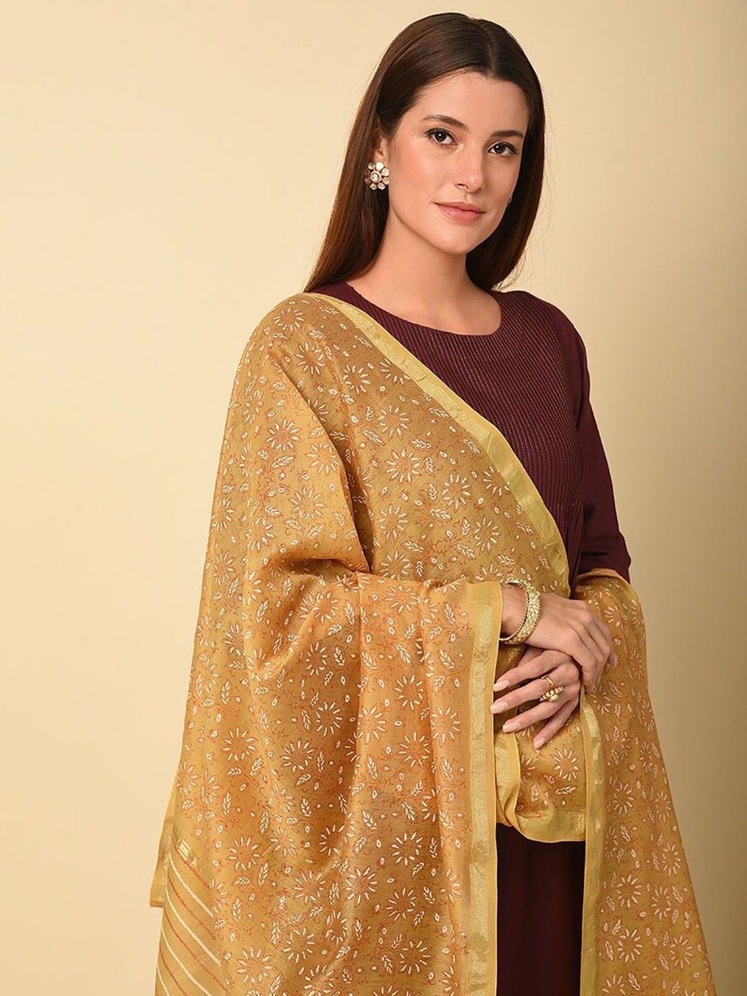 

JAYPORE Printed Cotton Silk Dupatta, Yellow