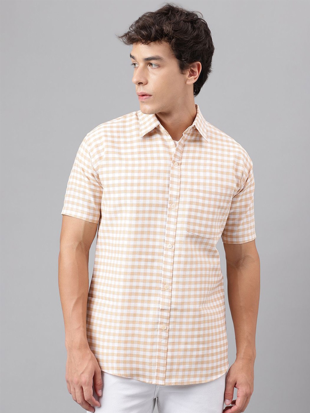 

KLOSET BY RIAG Men Classic Spread Collar Micro Checked Cotton Casual Shirt, Beige