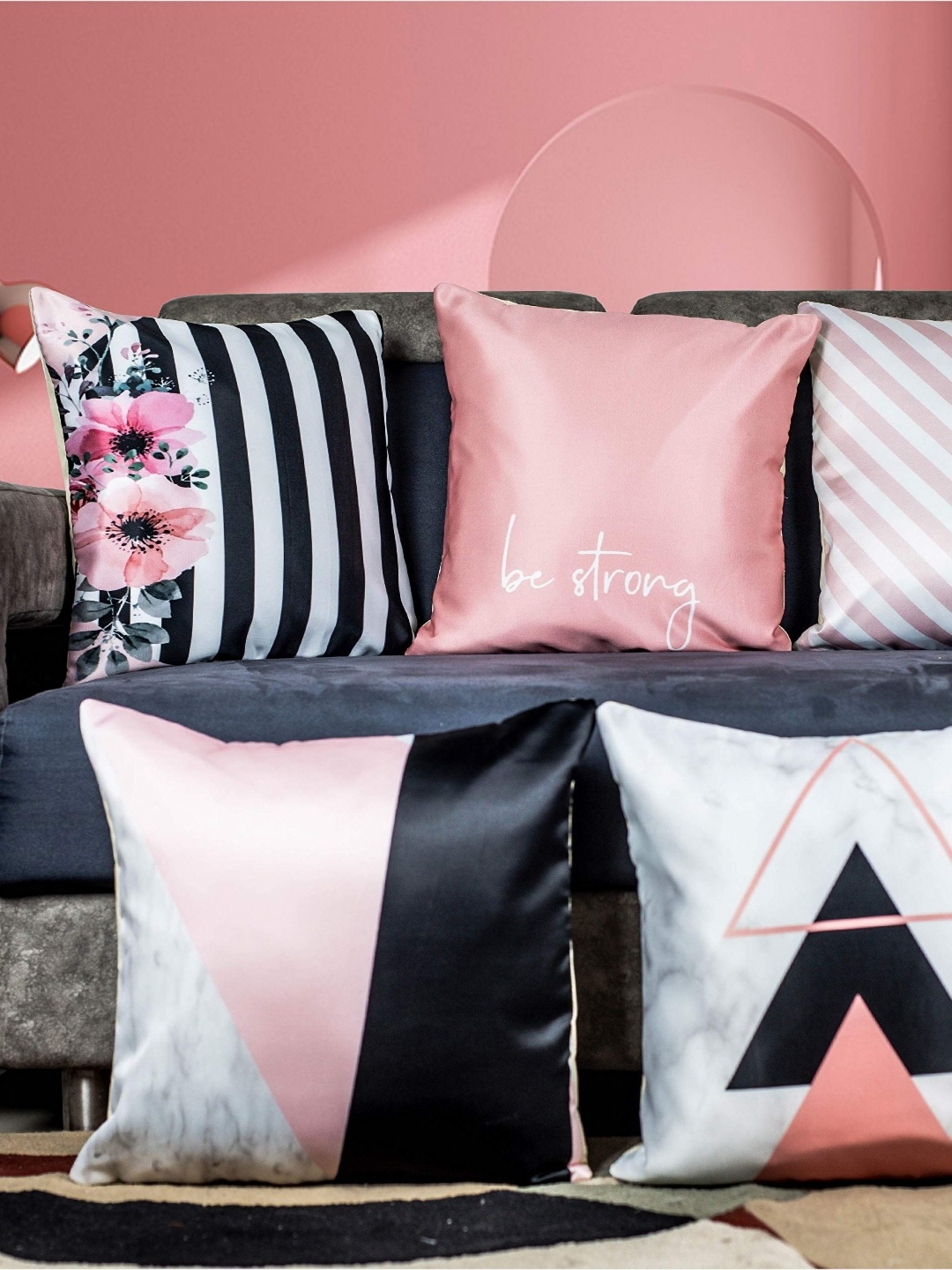 

Vendola Pink & Black 5 Pieces Geometric Satin Square Cushion Covers