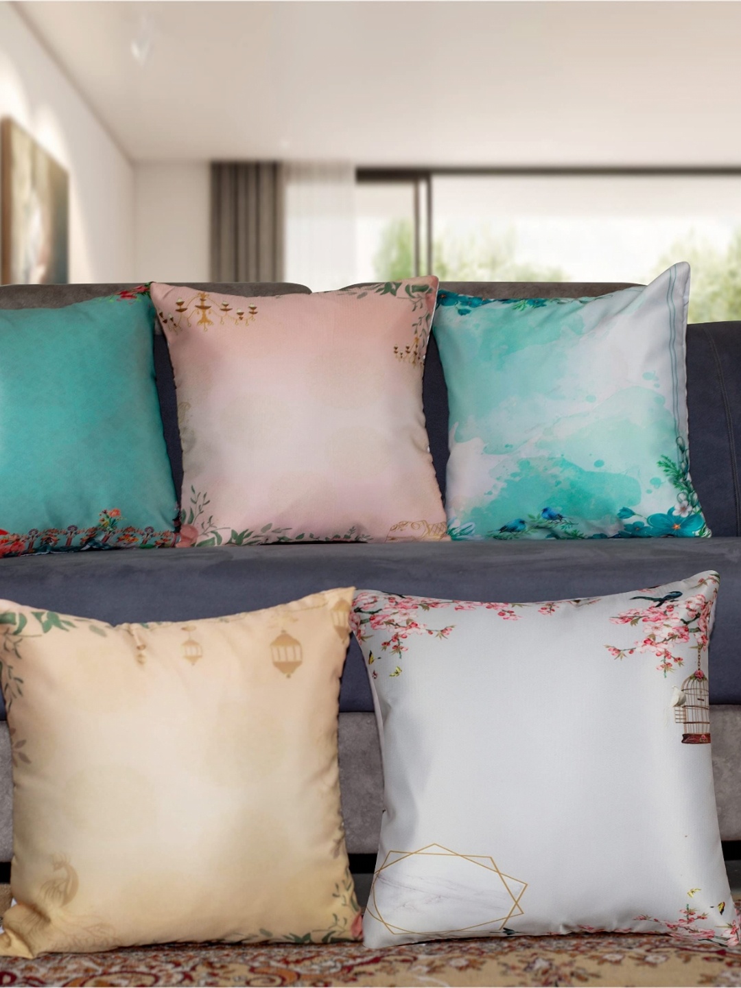 

Vendola Beige & Blue 5 Pieces Ethnic Motifs Satin Square Cushion Covers