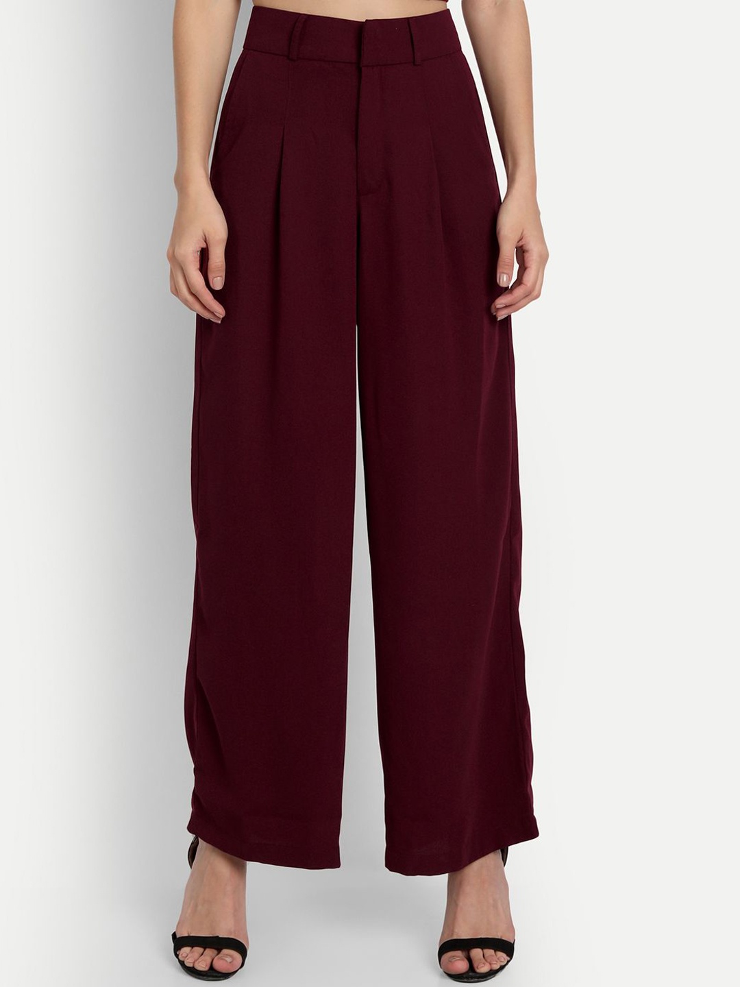 

ESSQUE Women Comfort Flared Easy Wash Pleated Trousers, Maroon