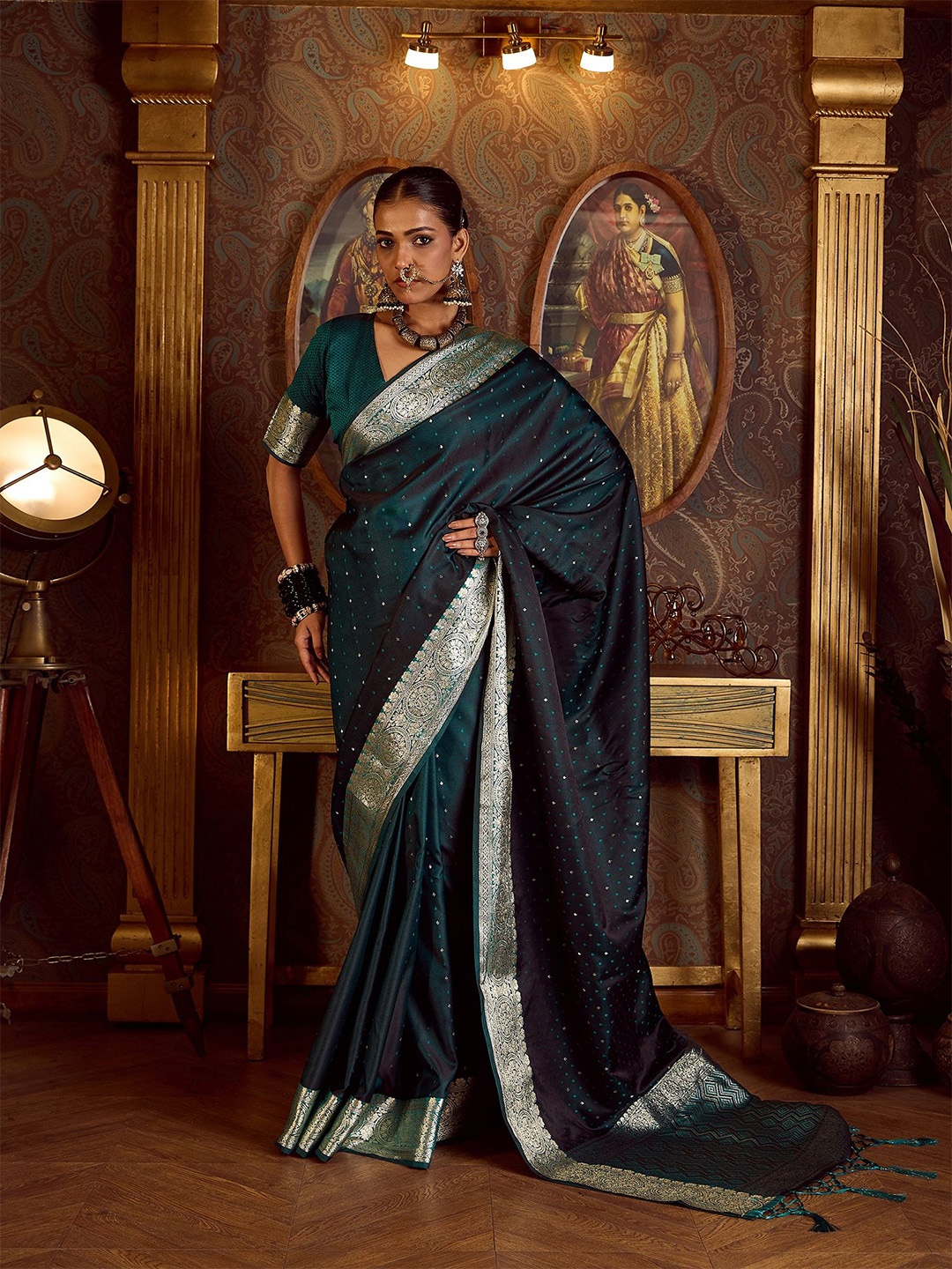 

Dori Woven Design Printed Zari Banarasi Saree, Green