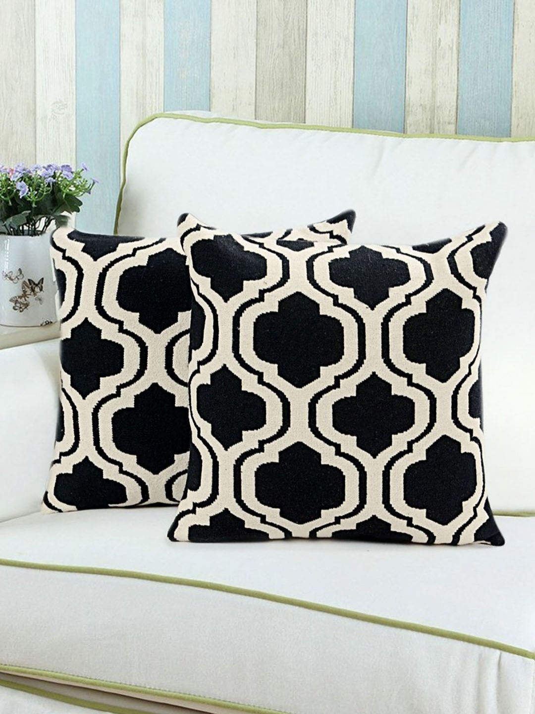 

Saral Home Black & White 2 Pieces Geometric Cotton Square Cushion Covers