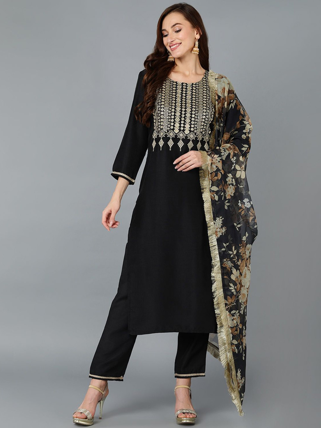 

AHIKA Black Embroidered Yoke Design Round Neck Straight Kurta with Trousers & Dupatta