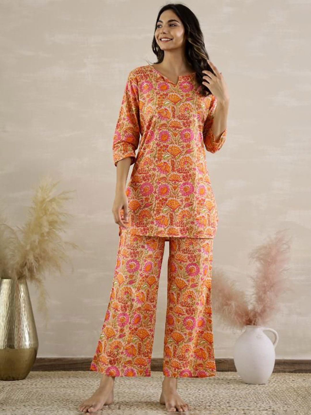 

FLAVIA CREATION Floral Printed Pure Cotton Tunic & Trouser, Orange