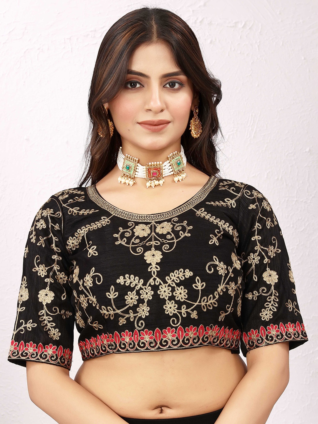 

Globon Impex Embroidered Silk Padded Saree Blouse, Black