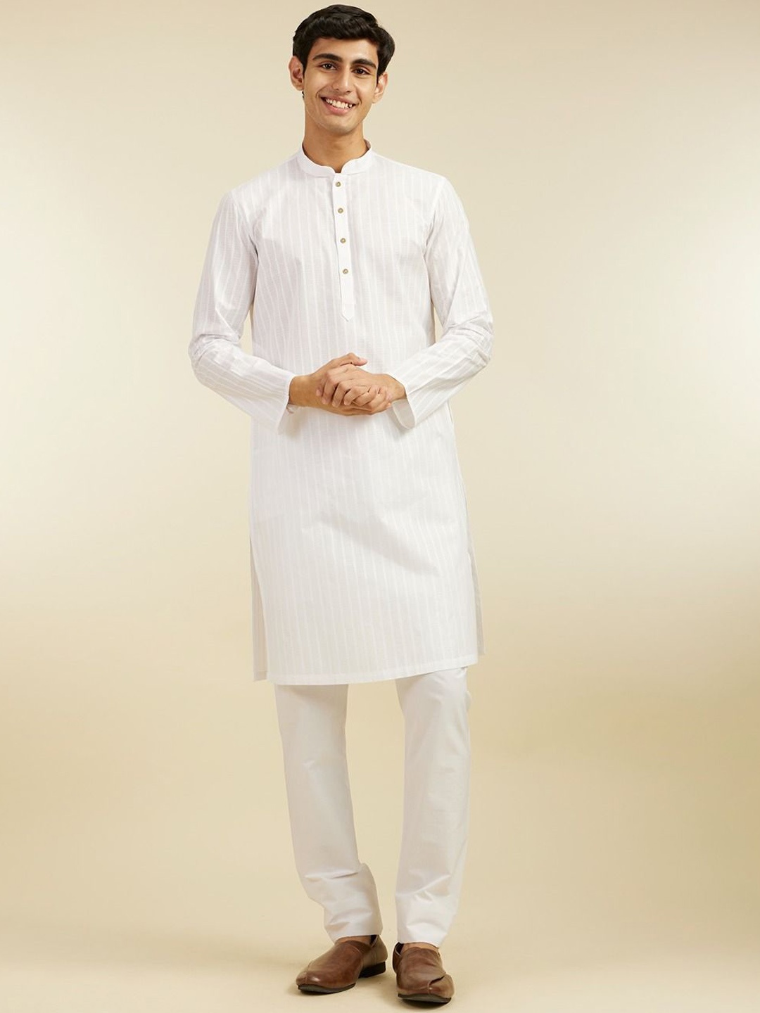 

Diwas by Manyavar Self Design Mandarin Collar Pure Cotton Straight Kurta, White