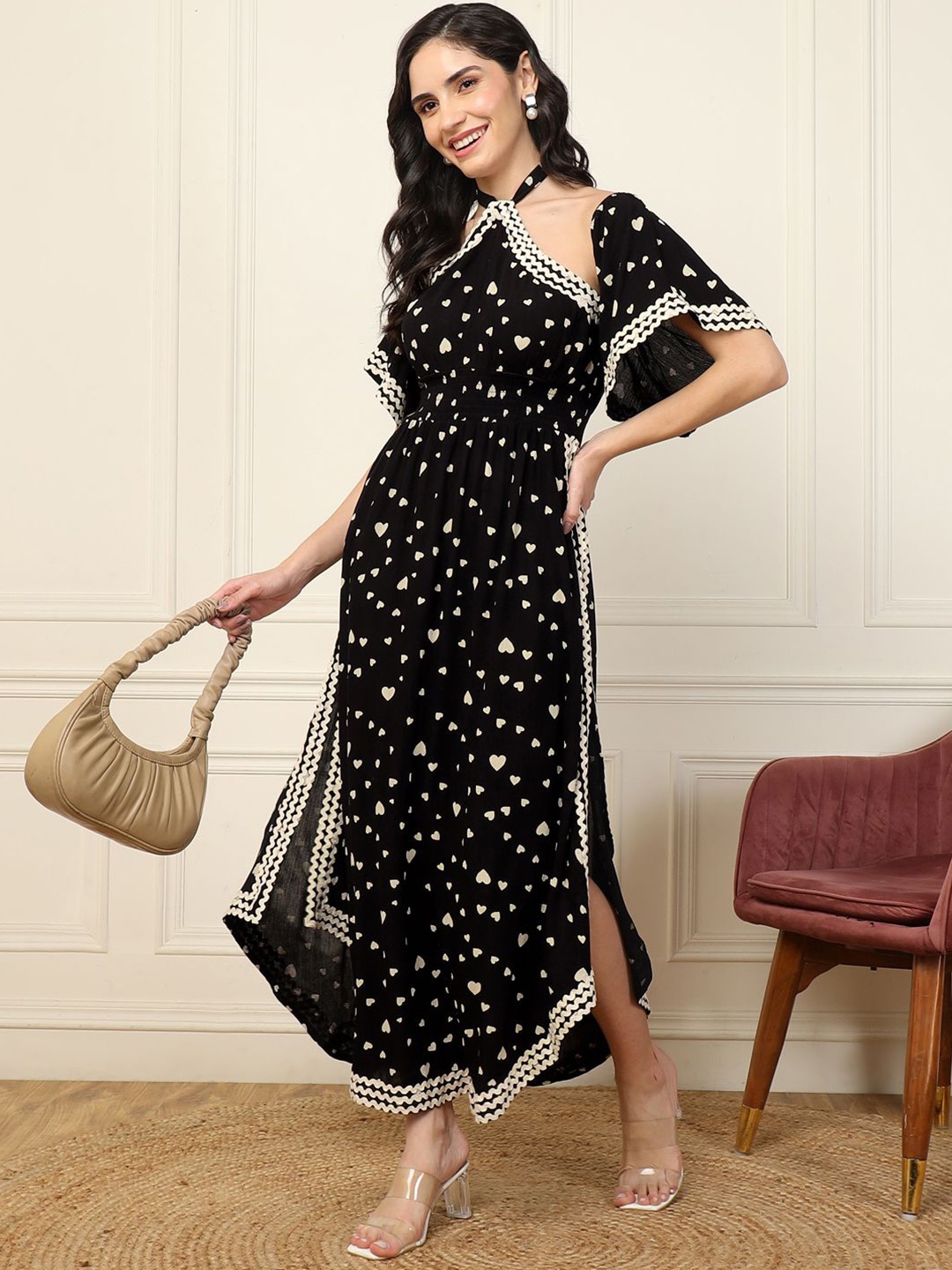 

DEEBACO Women Polka Dot Print Halter Neck Bell Sleeve Fit & Flare Maxi Dress, Black