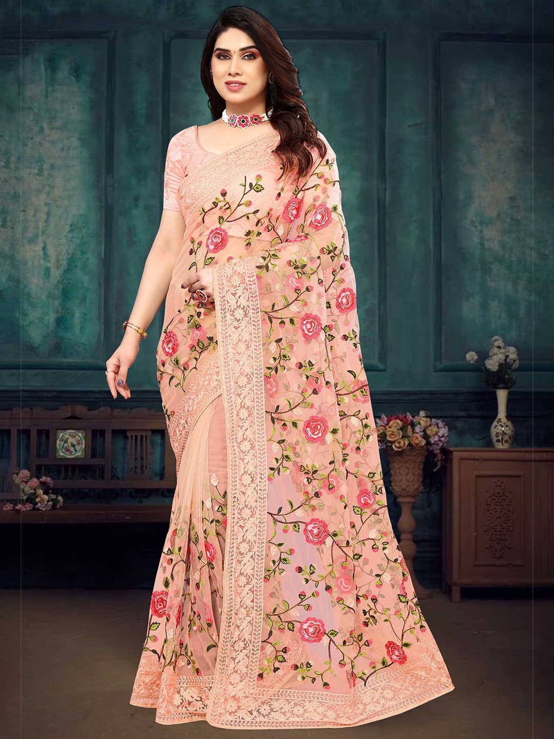 

VIRICA Floral Embroidered Art Silk Saree, Peach