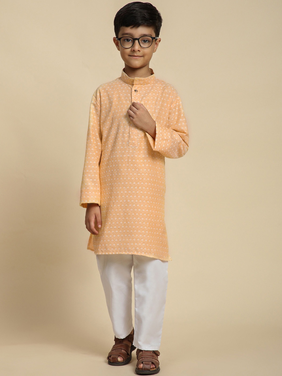 

Pro-Ethic STYLE DEVELOPER Boys Ethnic Motifs Printed Pure Cotton Kurta with Pyjama, Orange