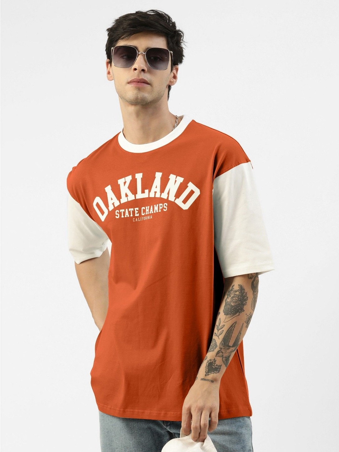 

Maniac Men Typography Printed Round Neck Cotton Oversized T-shirt, Orange