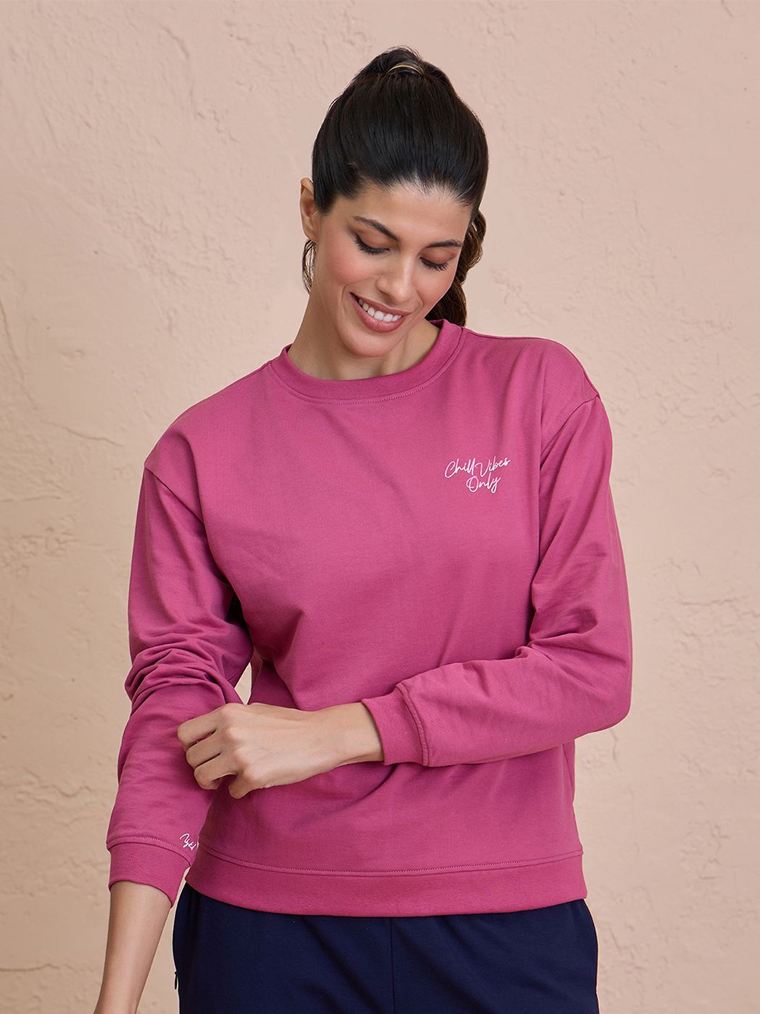 

Nykd Women Graphic Printed Round Neck Cotton Pullover Sweatshirt, Pink