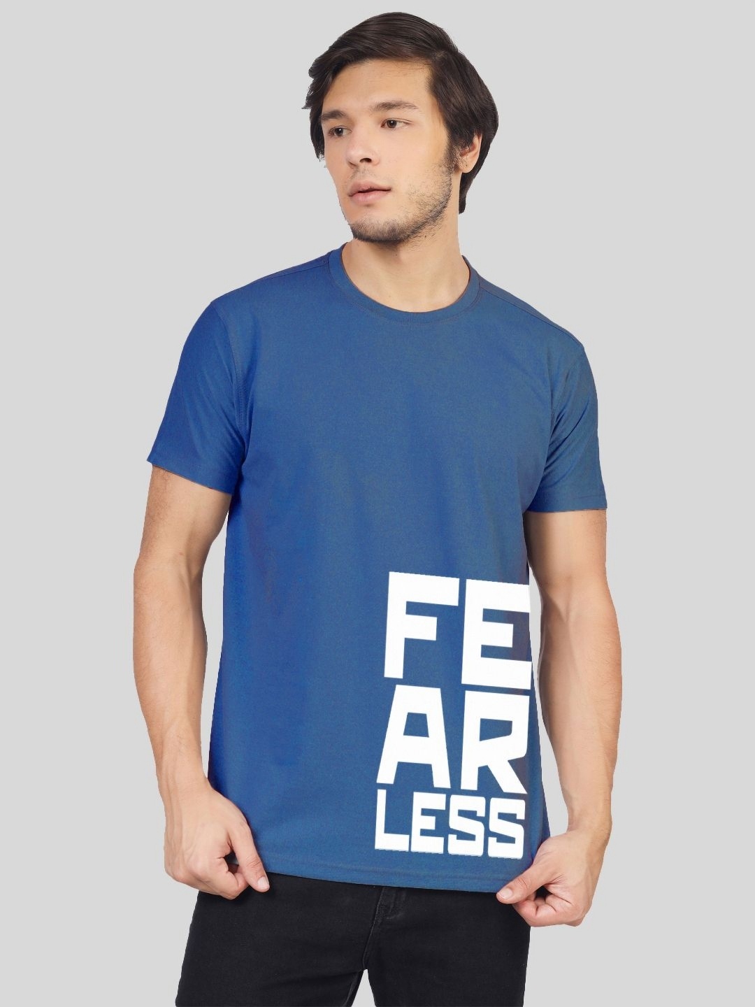 

Greylongg Men Typography Printed Round Neck Cotton T-shirt, Blue