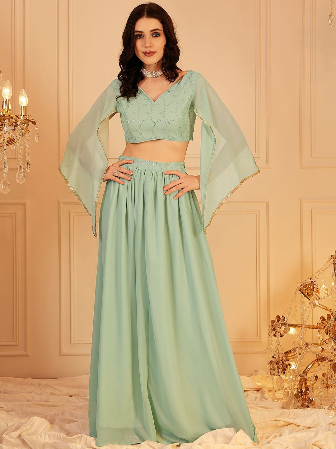 

indo street Embellished Cape Sleeve Crop Top & Trouser Co-Ords, Green