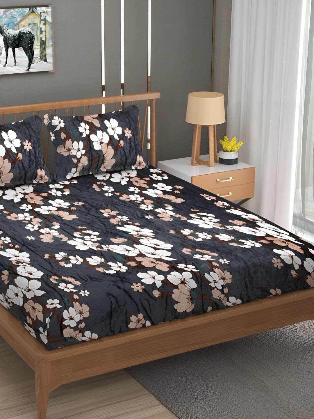 

B' Decorlish Grey & Brown Printed Fitted Double Bed Cover with 2 Pillow Covers